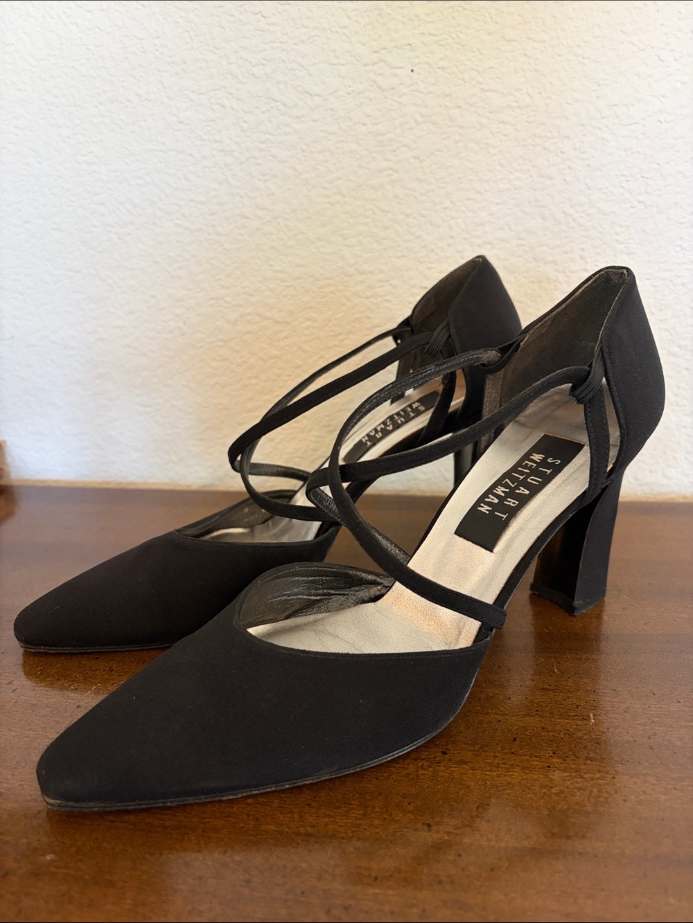 Stuart Weitzman Vintage Y2K Black Cross-Strap Tensor Silk Fabric Pointed Pumps 9